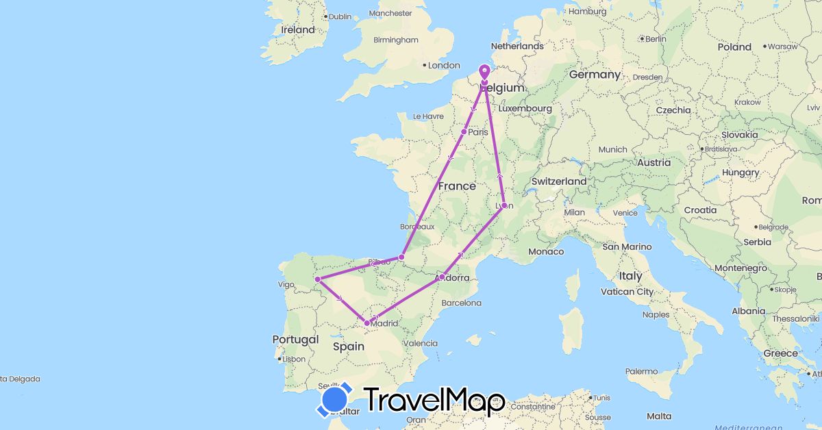 TravelMap itinerary: driving, train in Belgium, Spain, France (Europe)